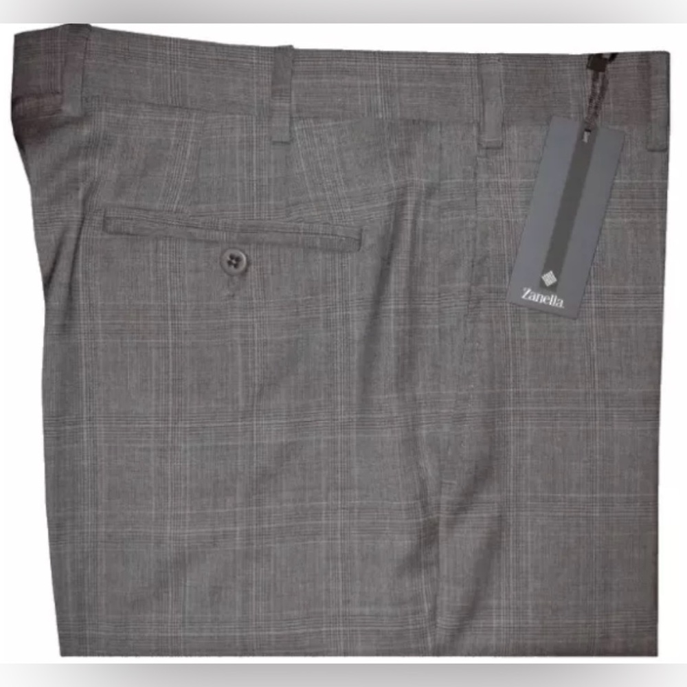 $325 NEW ZANELLA MENS 36 DRESS PANTS ITALY NORDSTROM DEVON GRAY PLAID 120’s WOOL